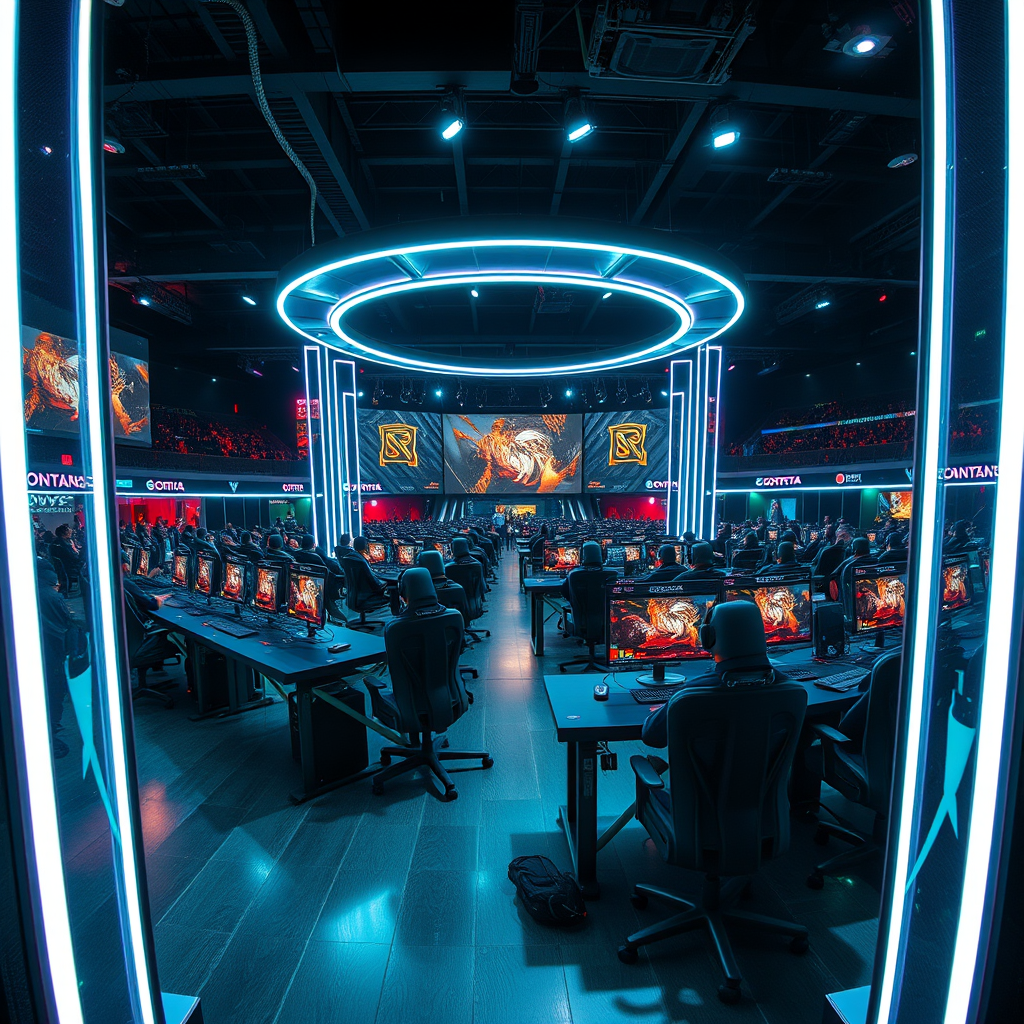 Modern eSports arena with professional gaming setups, LED lighting, and competitive atmosphere showcasing Dota and Counter Strike tournaments