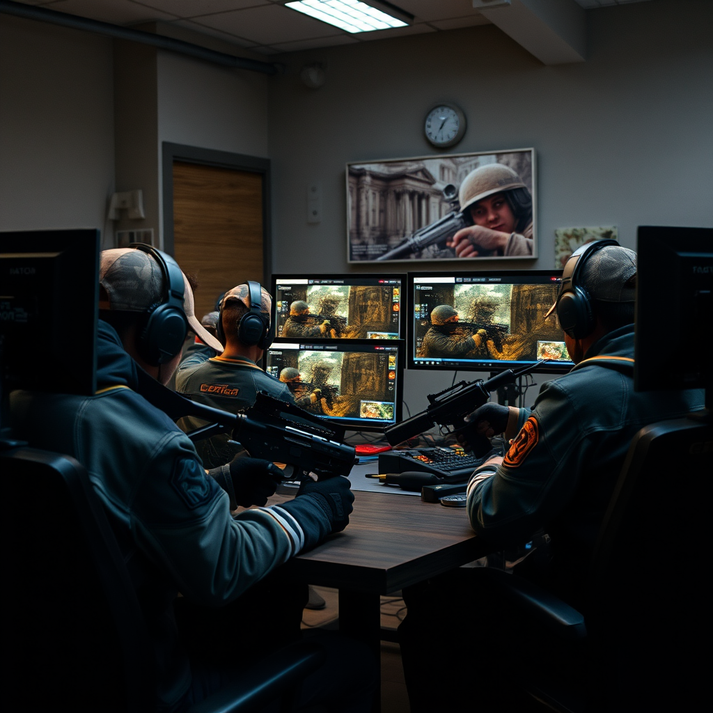 Magyar Counter-Strike 2 csapat stratégiai megbeszélést tart, játékosok monitorok előtt ülnek és taktikákat elemeznek