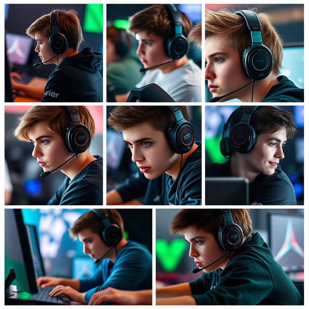 Collage of young Hungarian eSports players competing in various gaming tournaments, showing intense concentration during matches with gaming headsets and professional setups