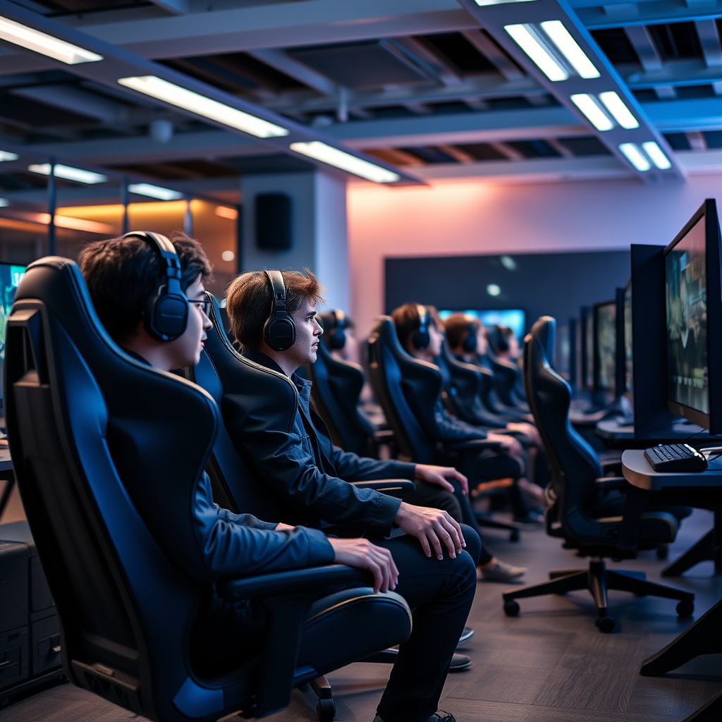 Professzionális eSport csapat felkészülés közben modern gaming létesítményben több monitorral és gaming székekkel