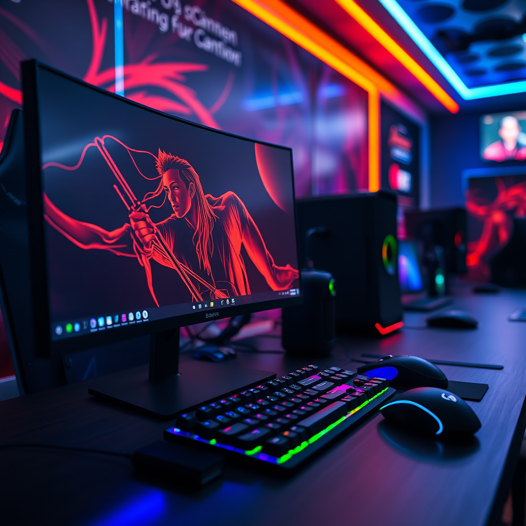 Modern gaming setup with high-end monitor, mechanical keyboard, gaming mouse, and RGB lighting in a professional esports environment