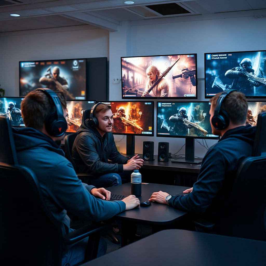 Magyar eSports szakemberek karrierstratégiákat megvitatva modern gaming környezetben, több monitorral amelyeken Dota és Counter Strike játékmenetek láthatók