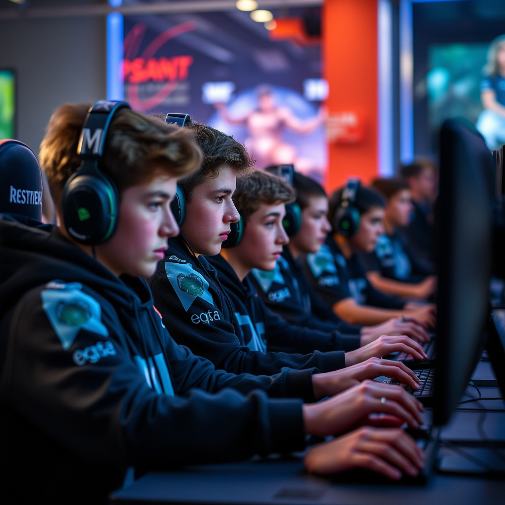 Young Hungarian esports players in action during competitive gaming sessions with multiple game titles displayed including League of Legends, Valorant and Dota 2