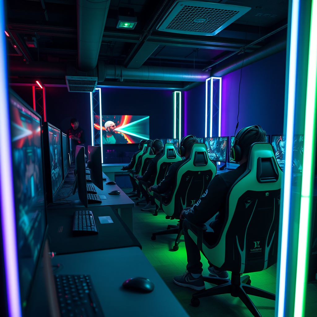 Hungarian League of Legends players practicing in a professional gaming facility with multiple monitors and RGB lighting