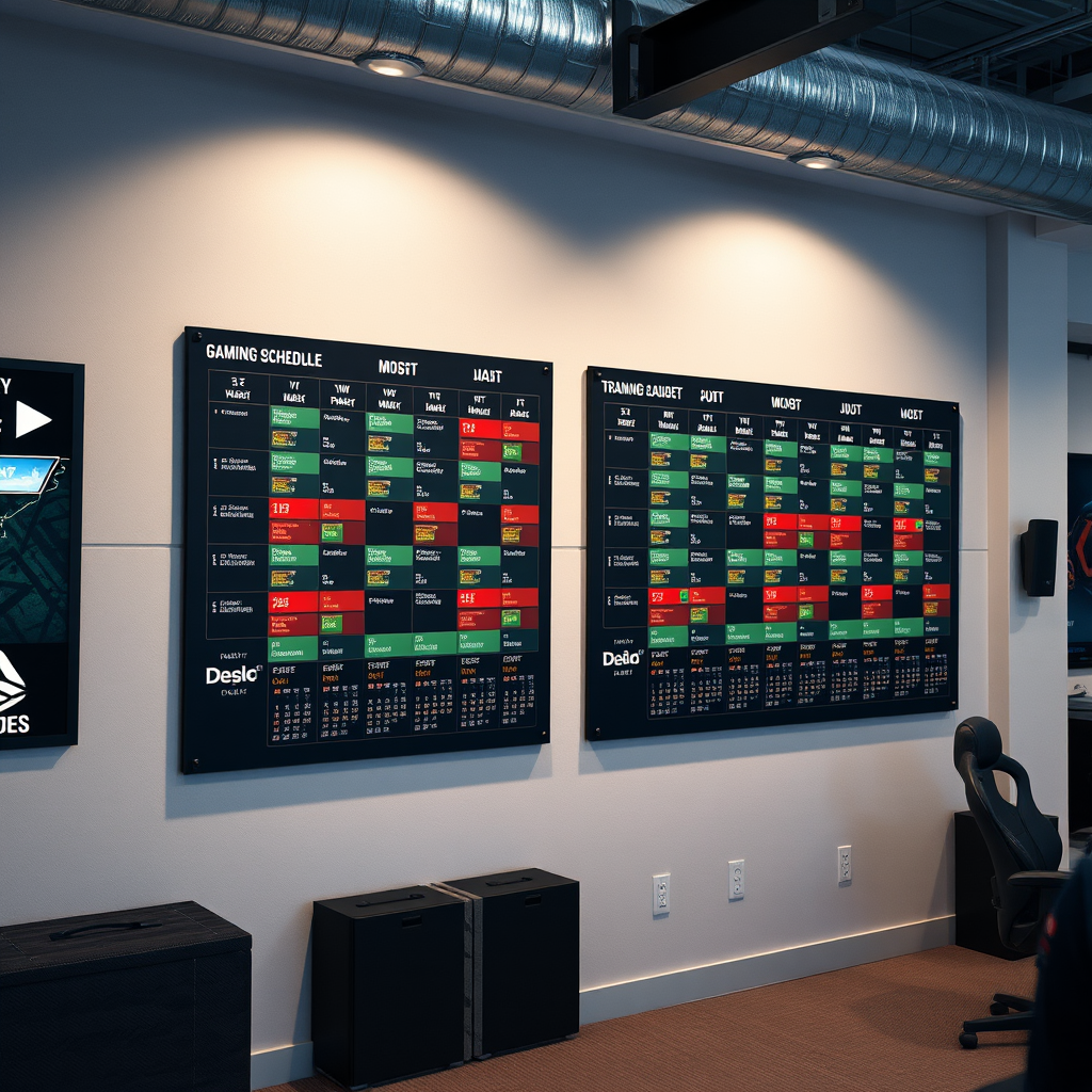 Gaming ütemterv és edzési naptár kiállítva a falon professzionális eSport létesítményben