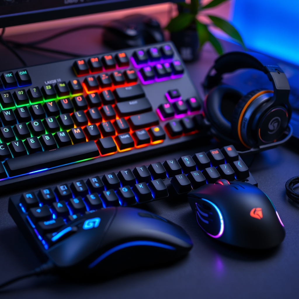 Collection of professional gaming peripherals including mechanical keyboard with RGB backlighting, high-precision gaming mouse, and professional headset