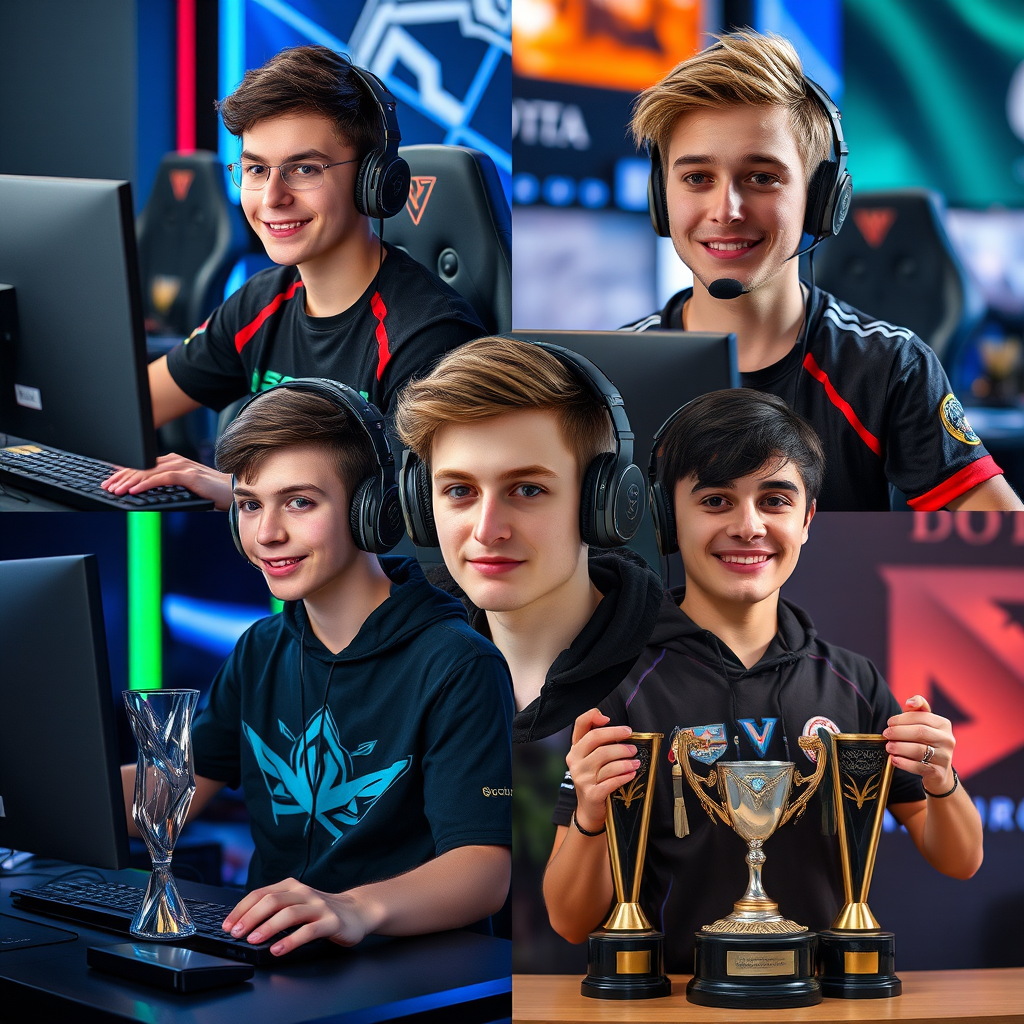 Collage of young Hungarian eSports players competing in League of Legends, Valorant and Dota 2 tournaments with gaming setups and championship trophies