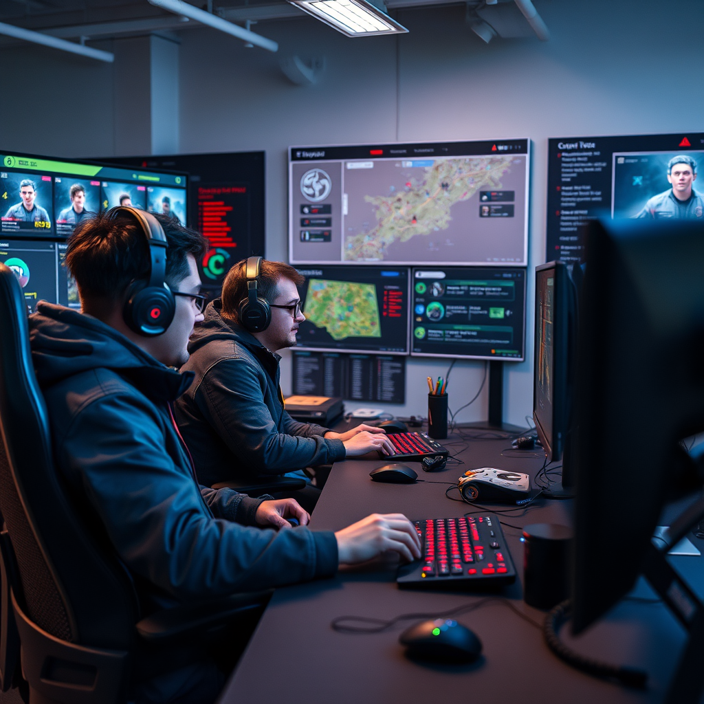 Professional esports team preparing for tournament with coaches analyzing gameplay footage, strategic planning boards and high-end gaming equipment setup
