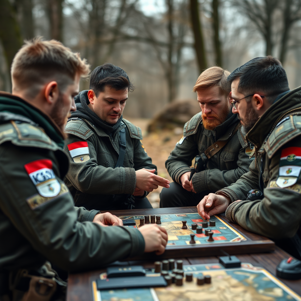 Hungarian Valorant team members discussing tactics and strategies during a training session with tactical boards and gaming equipment visible