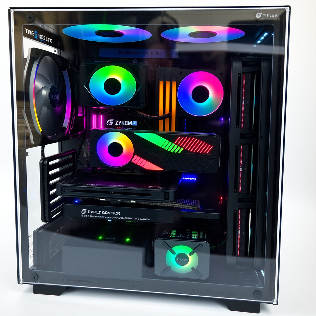 High-end gaming PC components including latest generation graphics card, RGB RAM modules, and advanced cooling system in a transparent case