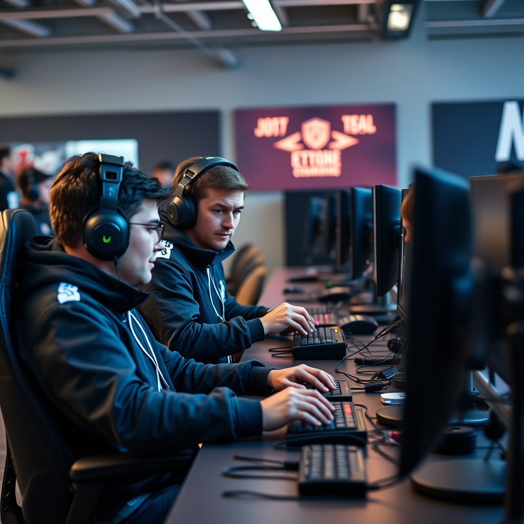 Professional eSports team preparing for tournament with coaches analyzing strategies, players practicing coordination drills and high-end gaming equipment setup