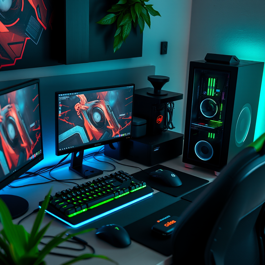 High-end gaming setup showcasing latest gaming peripherals, mechanical keyboards, gaming mice, professional monitors and PC components used in competitive esports