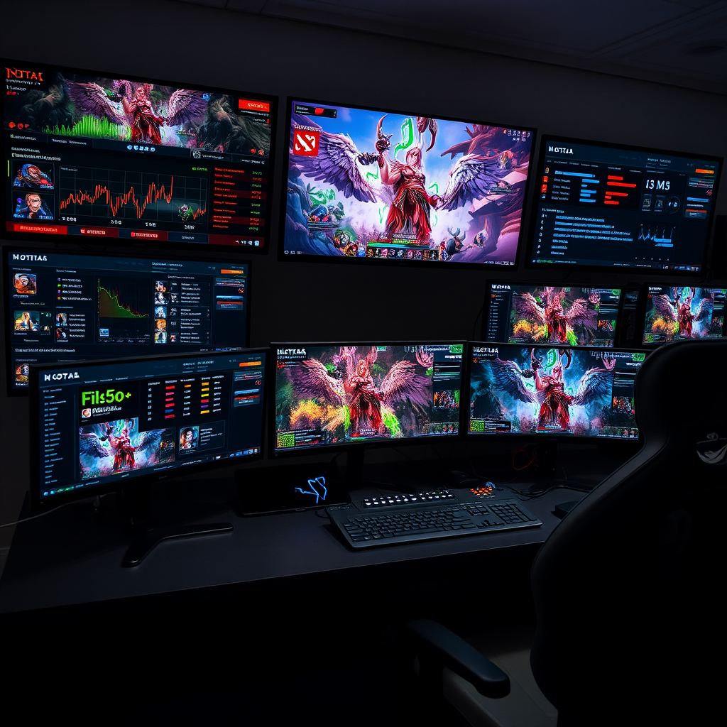 Professional Dota 2 gaming setup with multiple screens showing game analysis, statistics, and live gameplay footage used by Hungarian players