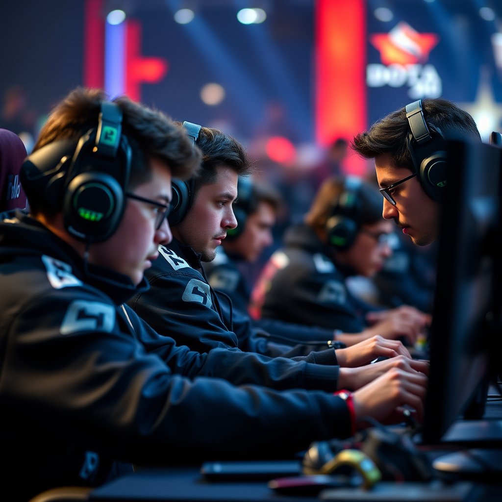 Exciting Dota tournament moment with professional players competing in a high-stakes match, showing intense concentration and strategic gameplay