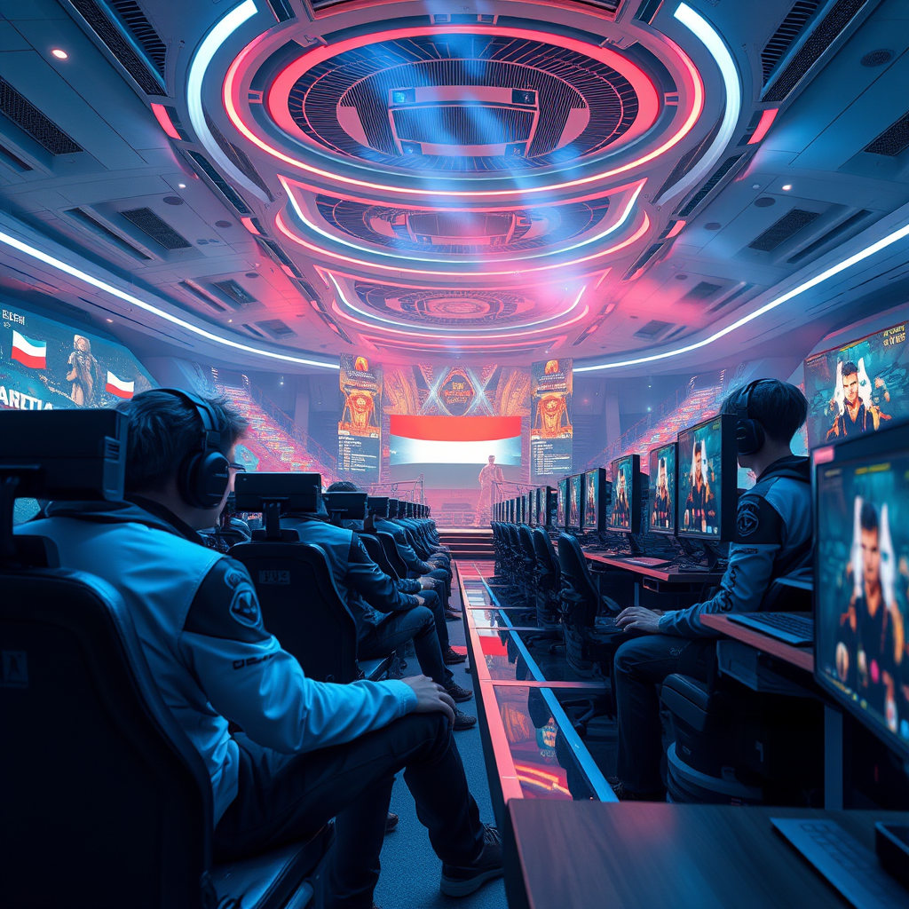 Futuristic vision of Hungarian eSports with modern gaming arenas, advanced technology, and young players competing on international stages