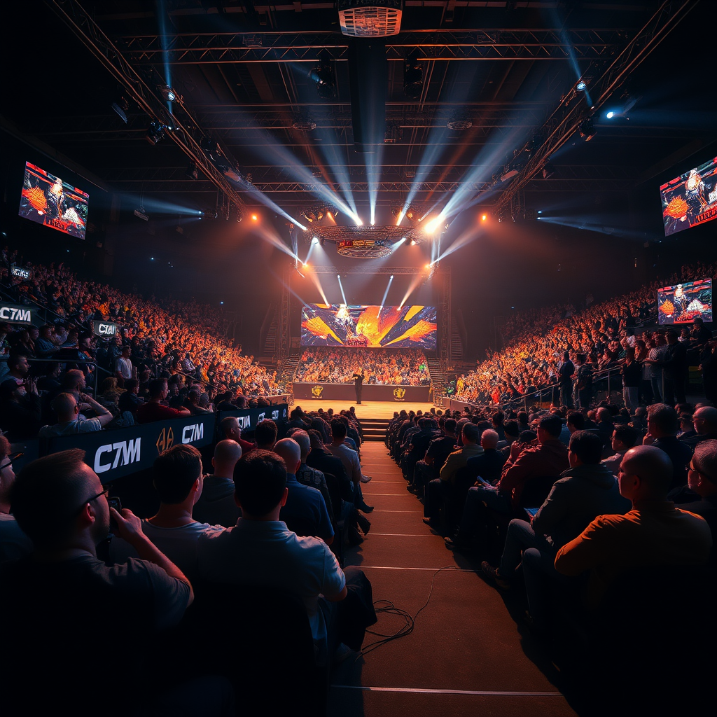 Counter Strike championship final with packed audience, professional gaming setup, and dramatic lighting creating an electric atmosphere